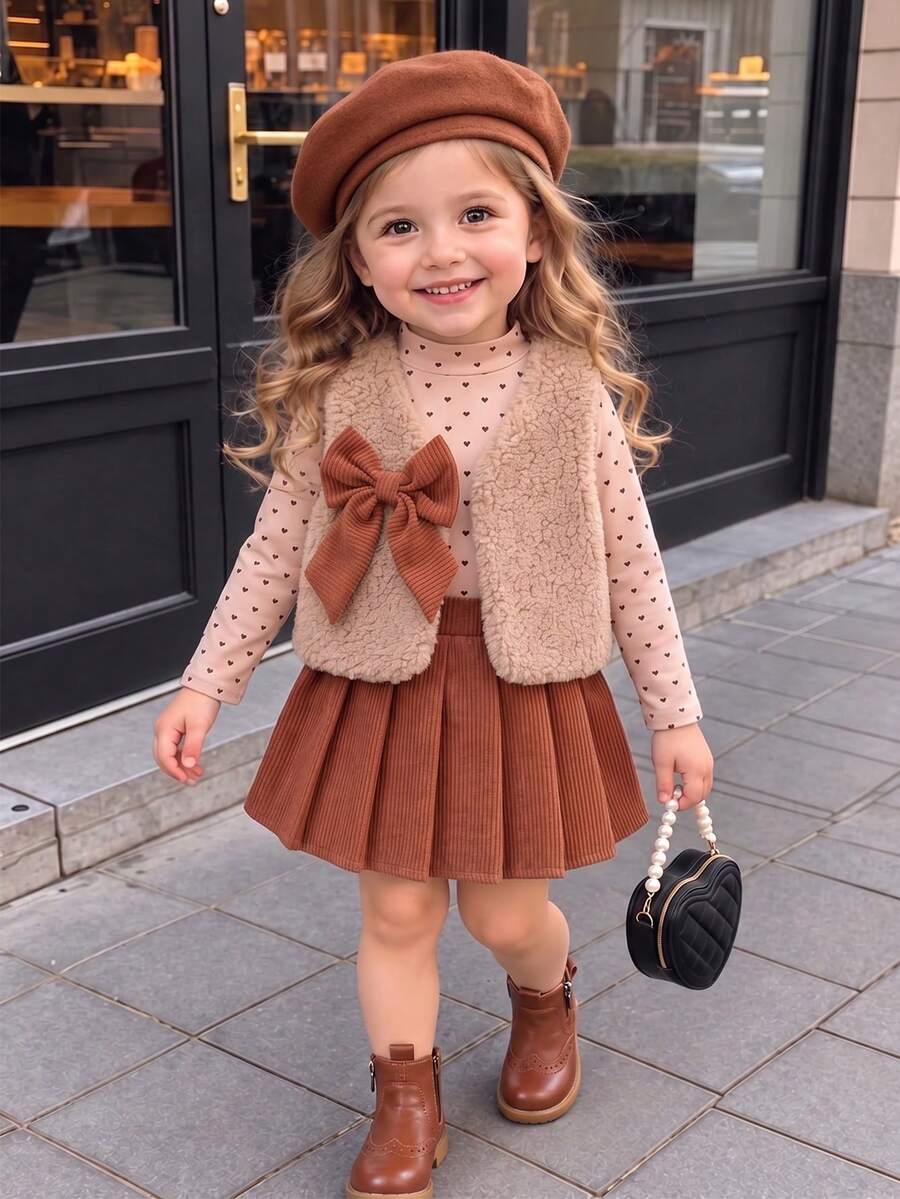 Baby Girls 3-Piece Set, New Autumn/Winter Solid Color Bow Decor Plush Vest + Cute Heart Print All-Over Long Sleeve Base Layer + Corduroy Pleated Skirt, Fashionable Retro Heart Big Bow Children's Outfit Suitable For Outdoor Wear - Brown - View 1