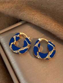 1 Pair Vintage French Style Oil Drop Round Hoop Earrings For Women, Suitable For Daily Wear And Party - Blue - View 7
