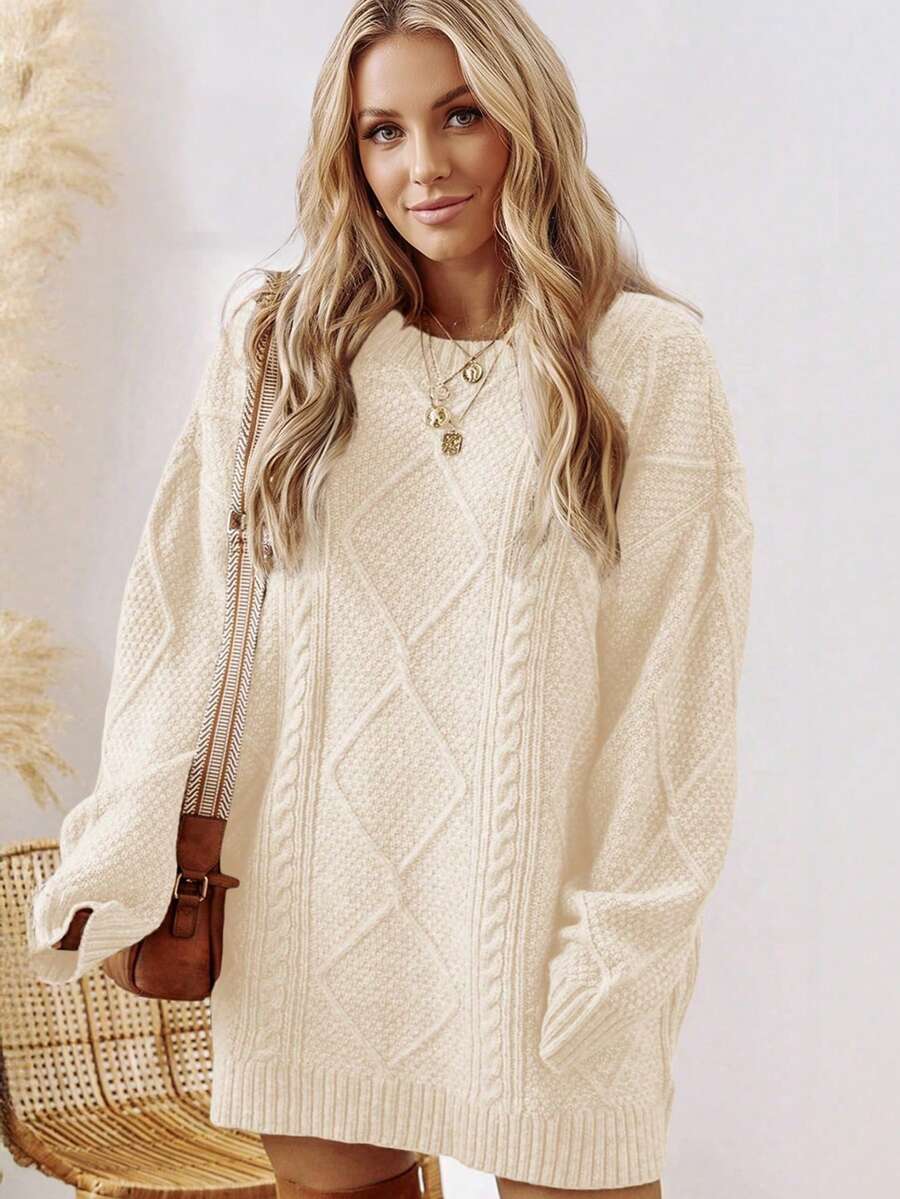 Acelitt Autumn/Winter Plus Size Women's Solid Color Knit Textured Cold Shoulder Plus Size Sweater Dress - Apricot - View 1