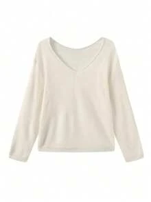 Plus Size Women's Asymmetrical Cold Shoulder Long Puff Sleeve V-Neck Loose Knit Pullover Sweater, Suitable For Daily Wear, Autumn/Winter - White - View 7