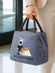 Cute Dog & "Dog Grooming" Striped Lunch Bag, Handbag, Striped Design, Multi-Functional Storage Bag, Lightweight Travel Handbag, Exquisite Gift - Multicolor - View 2
