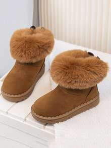 1 Pair Kids Cute Rabbit Ear Rhinestone Snow Boots, Furry Folded Collar, Thermal Lined Warm, Anti-Slip Thick Sole, Autumn/Winter Girls Short Boots - Brown - View 2