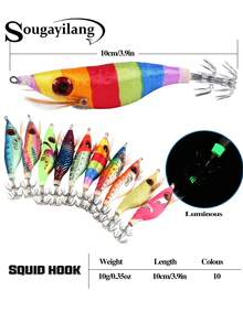 SOUGAYILANG 10PCS 10g Glow Squid Jig Egi Lure, Realistic Shrimp Artificial Bait Double Squid Hook For Night Saltwater Squid Cuttlefish Fishing - 10pcs-assorted Colors - View 5