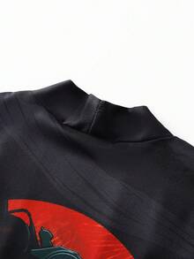 Men's Vintage Japanese Kimono Print Cardigan Shirt - 100% Polyester Thin Loose Collarless Design, Suitable For Spring, Summer And Autumn - Black - View 5