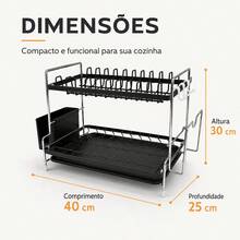 Suporte Secador de Pratos 2 Andares com Acessórios, Aço Carbono Preto e Cromado, Porta-Talheres, Cabide para Tábua e Ganchos, Bandeja de Água – 40x25x30cm - Visão 7