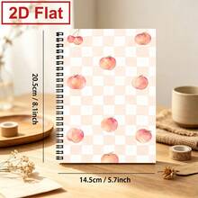 Cute A5 Spiral Notebook With Pink And White Plaid Cover, Watercolor Peach And Cherry Printed Cover Diary, Student Stationery Writing Notebook - A5 lined - View 3