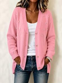 Plus Size Fall Winter Pearl Detail Knit Cardigan, Ladies V-Neck Button Front Long Sleeve Slim Commute Daily Outer Sweater - Pink - View 2