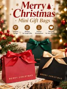 10pcs Merry Christmas Mini Gift Bags With Ribbon, Black Green Red 3 Colors, Gold Foil Letters, Easy Assembly, Suitable For Party Favors, Chocolates, Candies, Cookies, Jewelry And Small Gifts, Holiday Gift Packaging - Multicolor - View 4