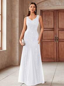 MIUSOL Sweetheart Neckline Contrast Color Sequin Lace Mesh Mermaid Hem Formal Maxi Dress Wedding Spring White - White - View 3