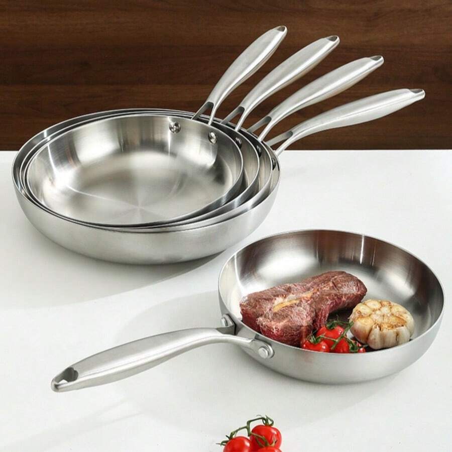 1pc Thick 316 Stainless Steel Frying Pan/Wok/Chef Pan, Multi-Layer Steel Structure Non-Stick Flat Bottom Pan, Even Heat Distribution, Coating-Free, Suitable For Gas Stove And Induction Cooktop