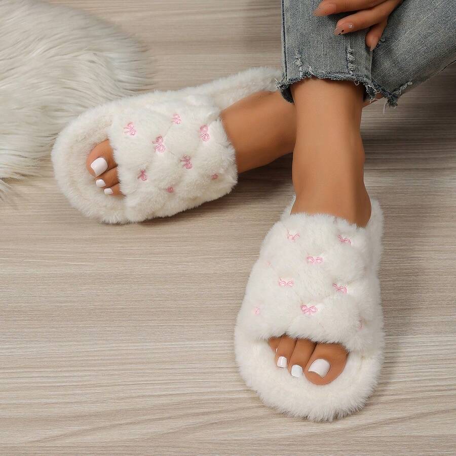 Bowknot Beach Fine Plush Fur Lining Home All-Season Cute Embroidery - Beige - View 1