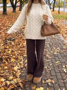 Just Masa Women's Fall Winter Casual Cable-Knit Sweater Tops,Solid Color Round Neck Long Sleeve Rib-Knit Pullover,For Daily Wear,Going Out,Commute - Apricot - View 10