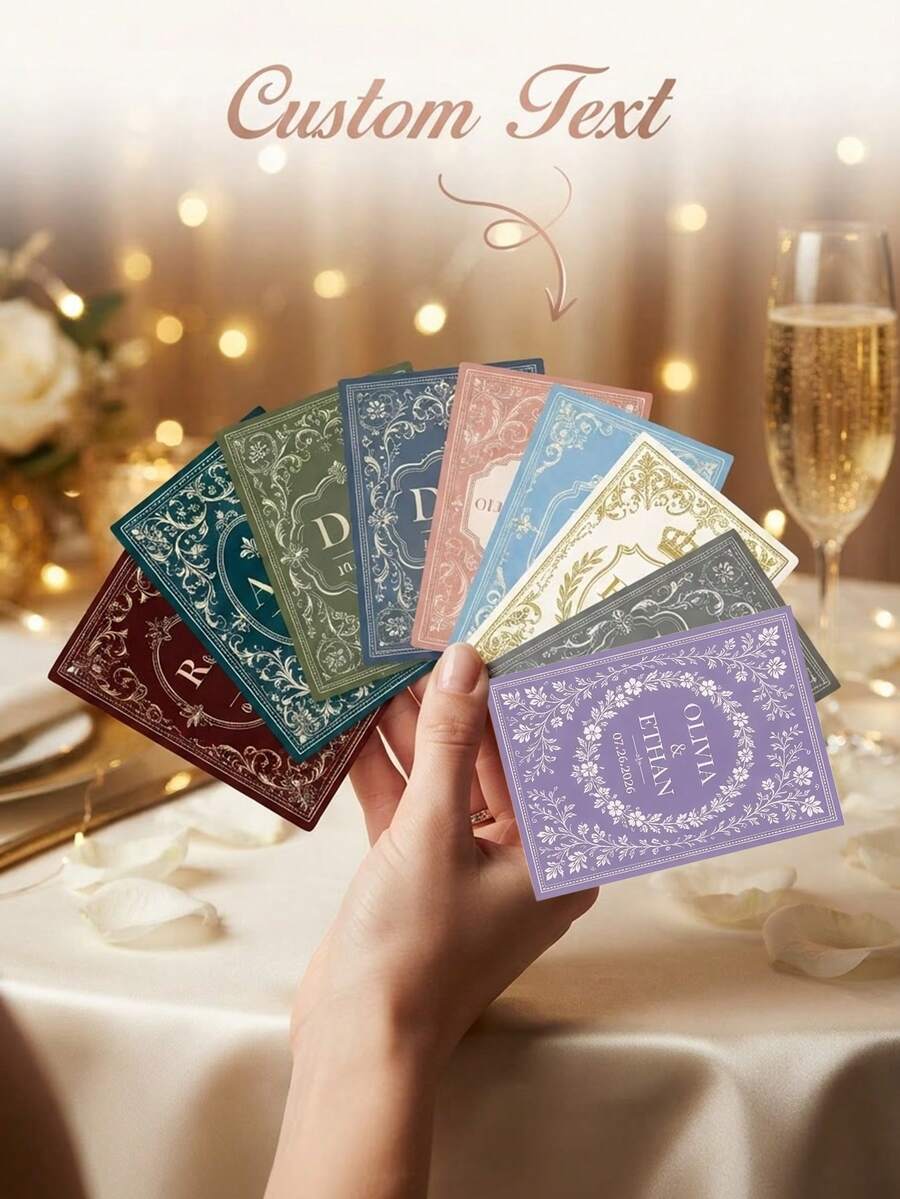 بطاقة لعب زفاف مخصصة بنص شخصي 1 قطعة، أسماء وتاريخ ورسالة مخصصة، تصميم زهري مزخرف، جانب رسالة فارغ إيجابي، هدية تذكارية للزفاف - متعدد الألوان - مشاهدة 1