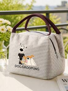 Cute Dog & "Dog Grooming" Striped Lunch Bag, Handbag, Striped Design, Multi-Functional Storage Bag, Lightweight Travel Handbag, Exquisite Gift - Multicolor - View 5