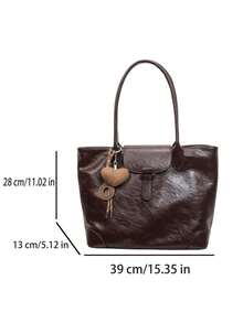 1 buah Tas Tote Bahu Minimalis Persegi dari Kain PU, Cocok untuk Bepergian, Berbelanja, dll. (Dengan Liontin) - Kopi - View 3