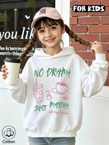 Girls Matcha Quote Hand Drawn Print Hoodie, Casual Long Sleeve Hooded Pullover - White - View 3