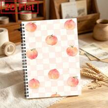 Cute A5 Spiral Notebook With Pink And White Plaid Cover, Watercolor Peach And Cherry Printed Cover Diary, Student Stationery Writing Notebook - A5 lined - View 6