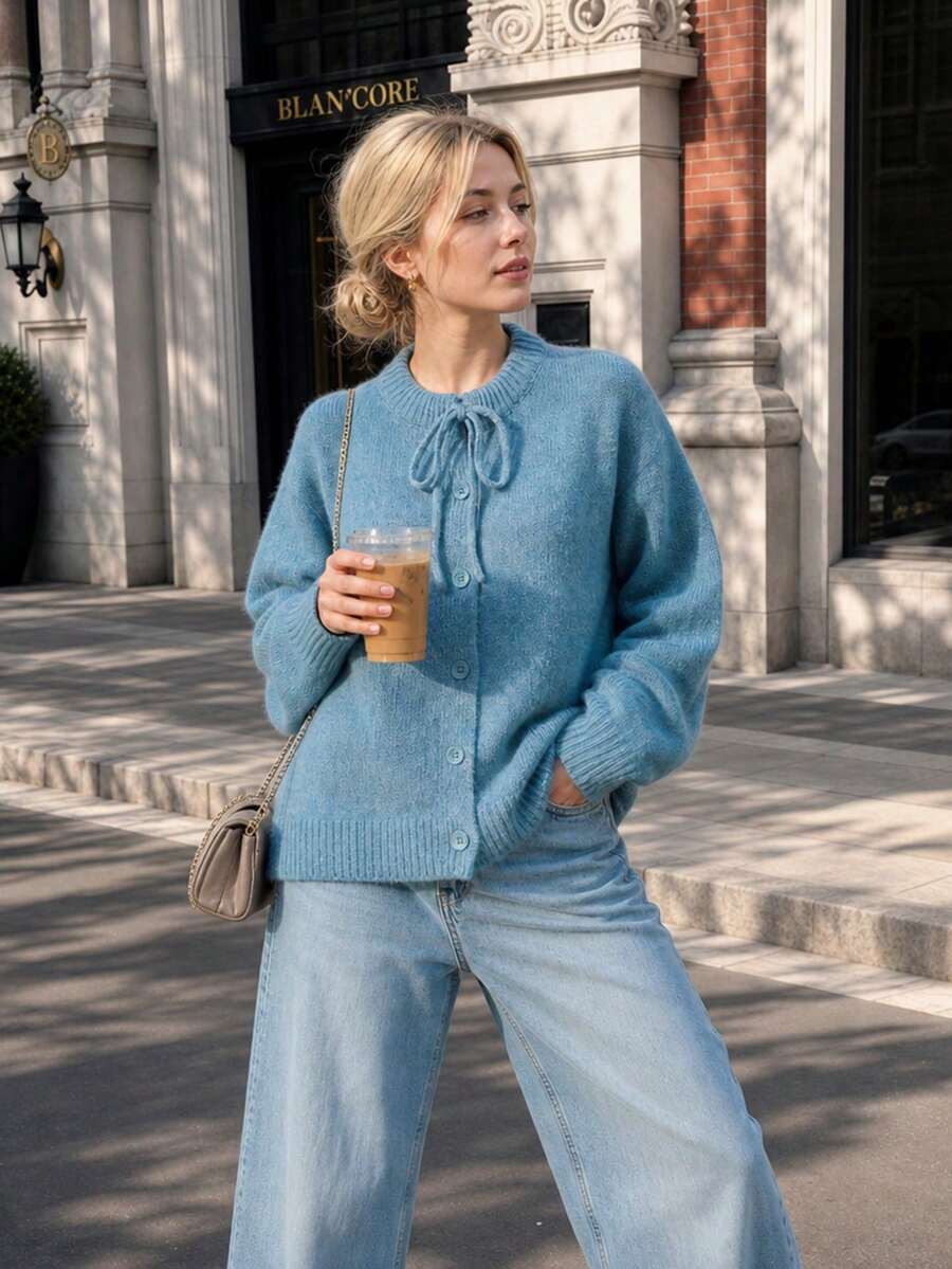 Women Fall Tie Neck Knit Cardigan, Christmas Button Front Solid Sweater Jacket, Casual Outfit For City Walk & Holiday Gathering - Teal Blue - View 1