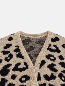 Women's Contrast Leopard Print Jacquard Ruffle Cuff Fall Winter Casual Chic Lazy Versatile Knit Long Sleeve Coat - Apricot - View 6