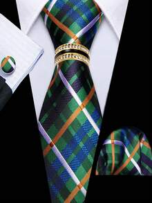 Men's Green Plaid Tie Pocket Square Cufflinks Ring 4Pcs Set, Cufflinks Random Pattern, Wedding Business Suit Accessories - Green - View 1