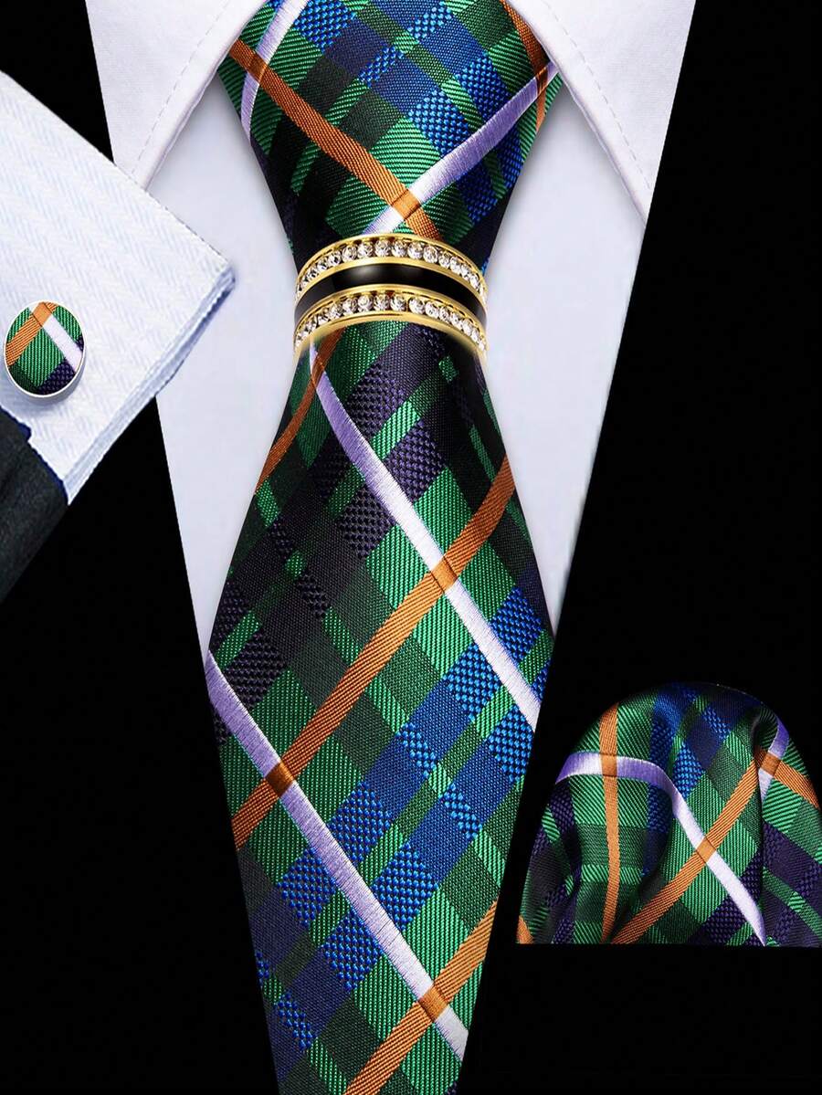 Men's Green Plaid Tie Pocket Square Cufflinks Ring 4Pcs Set, Cufflinks Random Pattern, Wedding Business Suit Accessories - Green - View 1