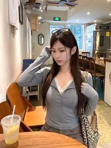 Sexy Minimalist Sexy Lace Patchwork Long Sleeve Henley Top, Women's 2 In 1 Fitted T-Shirt For Autumn - Grey - View 1
