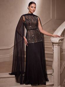 Women's Elegant Romantic Charming Round Neck Formal Evening Gown, Mesh & Sequin Patchwork, Suitable For Ball, Wedding Guest, Cocktail Party, Grand Banquet - Black - View 1