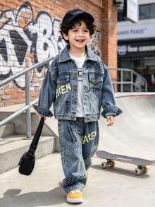 Boys Kids Toddler Autumn Spring All Season Loose Fit Letter Print Hand-Drawn Graffiti Denim Jacket And Jeans 2 Pieces Set Street Style Suitable For Daily Wear School Outdoor Casual - Baby Blue - View 6