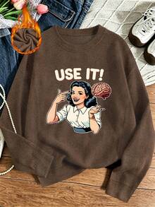 Plus-Size Women's Casual Round Neck Faux Knit Sweater With "Use It!" Print; A Stylish And Versatile Women's Top For Autumn And Winter Commuting. - Brown - View 8
