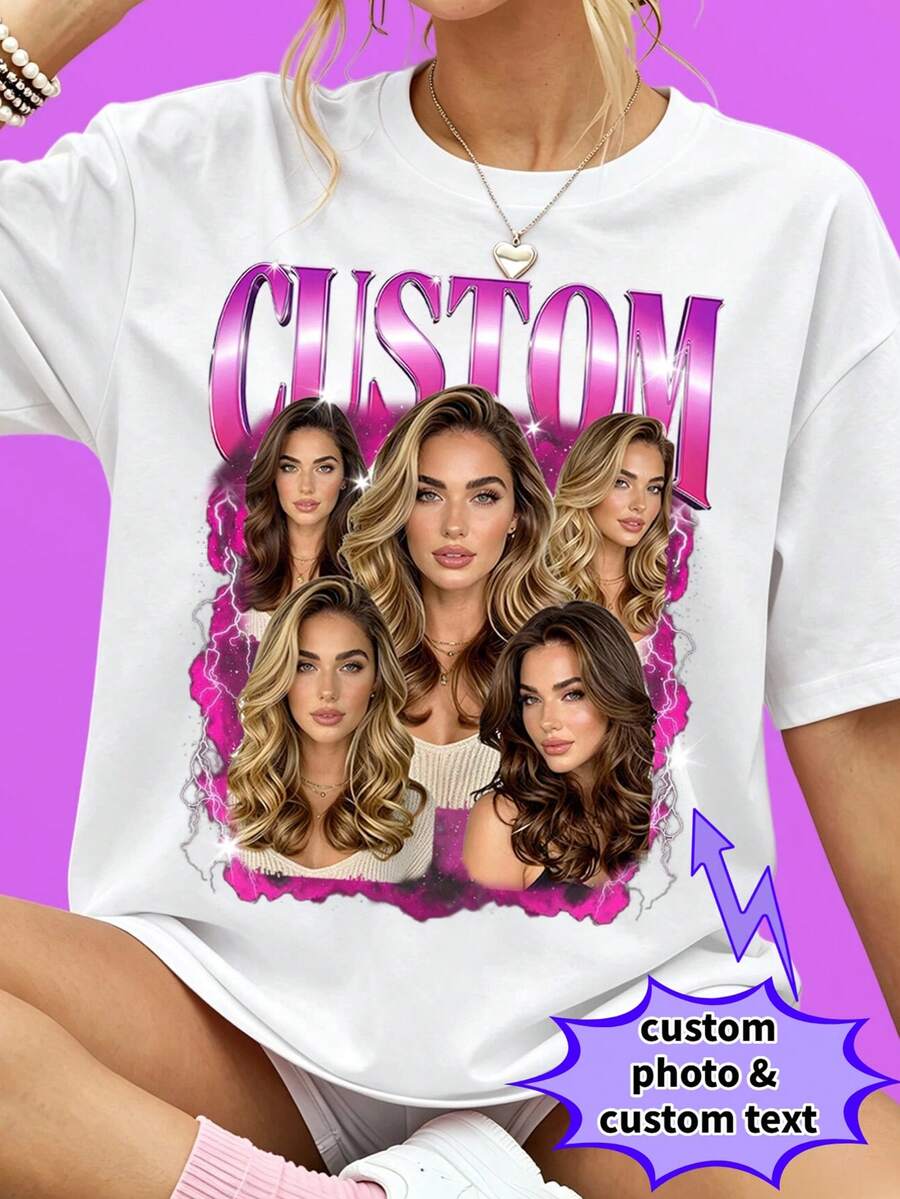 Custom Birthday Graphic T-Shirt, Personalized Birthday Gift Tee, 90s Vintage Style Gift Top For Her Him,Add Your Favorite Photo And Text - White - View 1