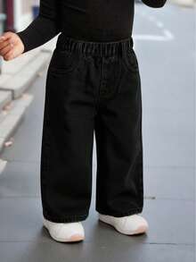 Baby Girl Fashion Denim Jeans, New Spring/Autumn Loose Casual Straight Leg Pants - Black - View 1