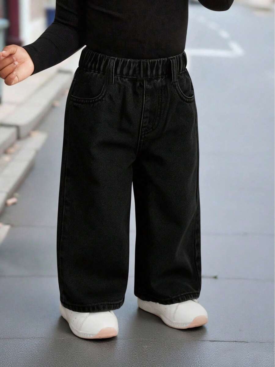Baby Girl Fashion Denim Jeans, New Spring/Autumn Loose Casual Straight Leg Pants - Black - View 1