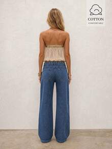 Women's Washed Straight Leg Jeans, Slanted Pockets & Metal Rivet Design, Heavy Punk Western Vintage Style, Comfortable, Suitable For Music Festivals, Fits All Body Types - Blue - View 8
