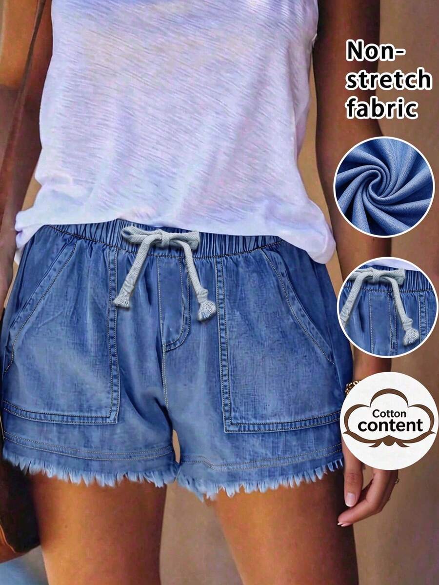 Women Denim Shorts Kantong Raw Hem Plain