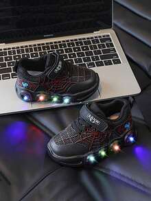 1 Pair 2026 New Halloween Christmas Kids Boys Girls Glowing Cartoon Light-Up Spider Soft Sole Mesh Breathable Running Sports Shoes - Black - View 2