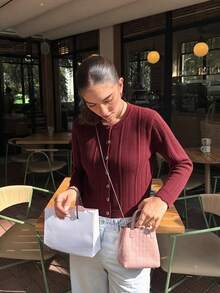 FOR BEAUTY Fall Winter Women Sweaters Elegant Casual Y2K Burgundy Crew Neck Metal Button Pointelle Ribbed Knit Cardigan Outfits Jacket Top - Burgundy - View 3