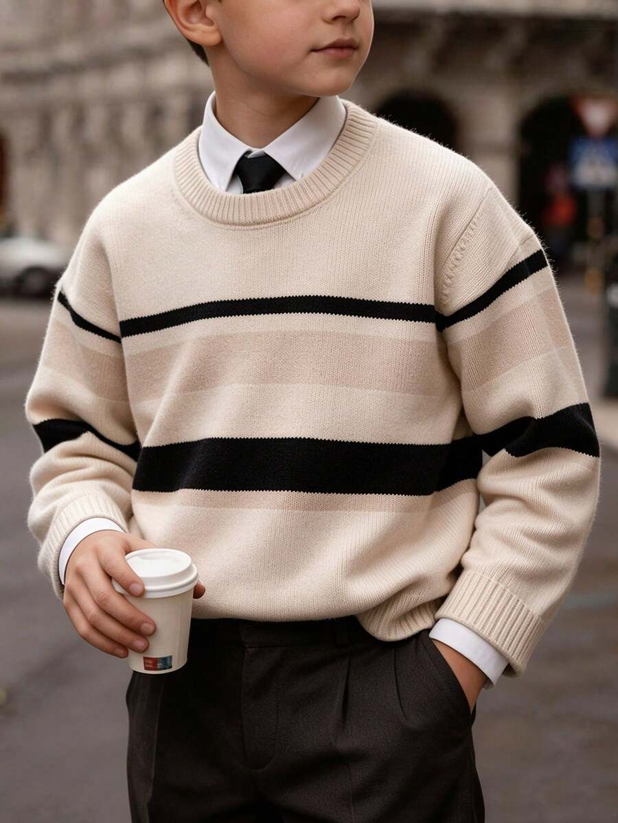 Boys Striped Pattern Crew Neck Knit Sweater Long Sleeve Casual Preppy Pullover For Fall Winter School Daily Wear - Apricot - View 1