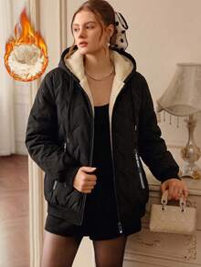 Women's Winter Fleece Lined Outdoor Casual Hooded Jacket, Multi-Functional Warm Coat, Suitable For Daily Wear, Home, Office, Shopping, Gathering - Black - View 7