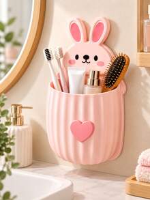 New Rabbit-Shaped Makeup Brush Holder (With Heart/Candy Decoration) - Wall-Mounted Design, Suitable For Vanity And Bathroom; Can Store Makeup Brushes, Toothbrushes, Combs, Lipstick Tubes And Other Items, Multi-Functional. - Multicolor - View 5