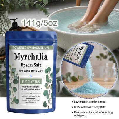 MYRRHALIA 141g/5oz High Purity Epsom Salt Eucalyptus Bath Salts, Gentle Exfoliating Scrub, Fragrant Epsom Salt Easter Bath Soak Travel Size DIY Scrub Salt Summer Scrub Tea Tree Oil Jojoba Oil Vitamin E Dry Scrub Bath Soak Epsom Salt Soaking Salt Foot Bath Men Women Pure Moisturizing With Bisabolol Bathroom