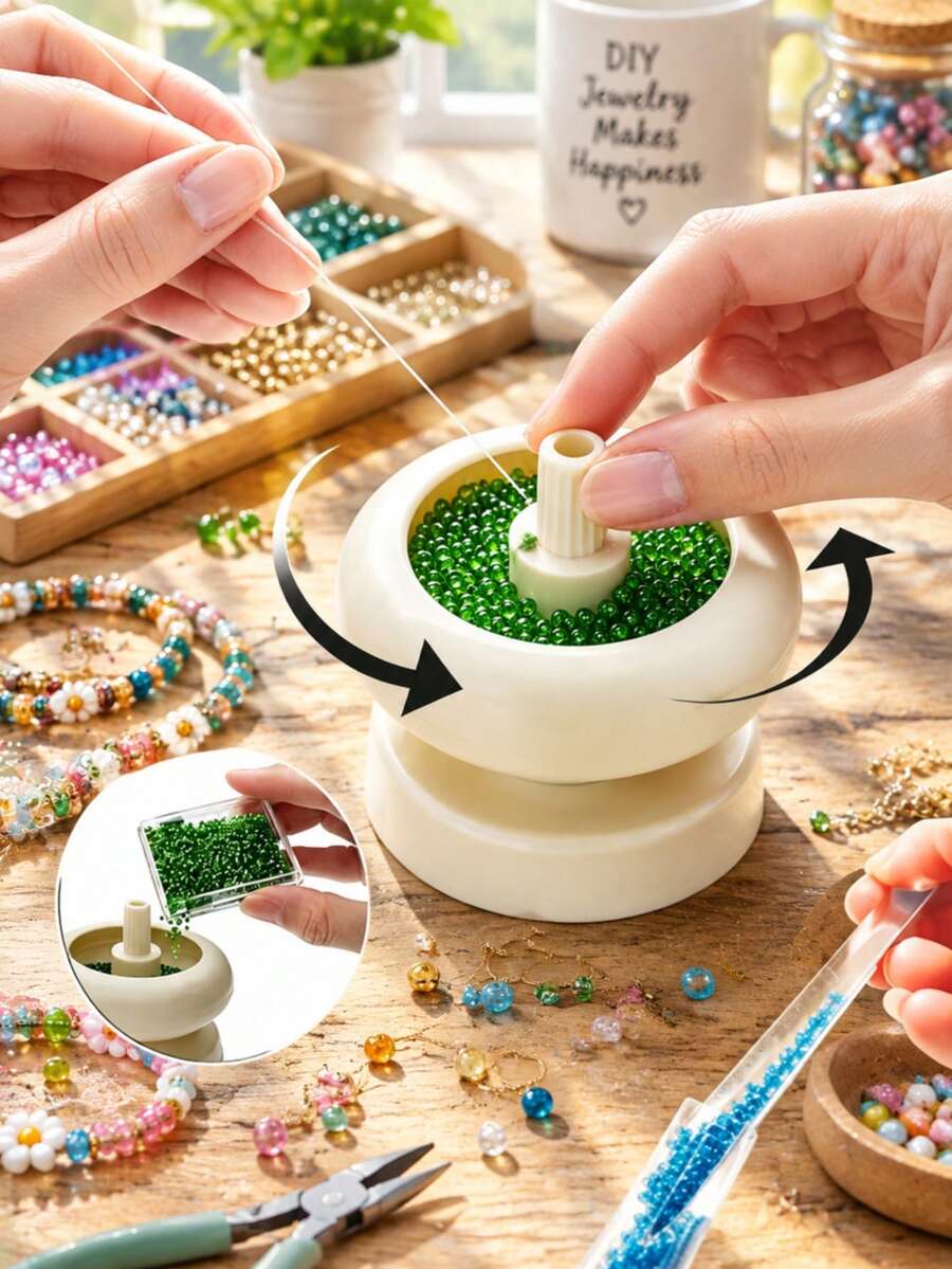 وعاء خرز دوار يدوي، وعاء خرز دوار أبيض - أداة خرز بدون طاقة، مناسب لصنع الخرز والنسيج وصنع الأساور، خرز متعدد الألوان، قابل للتطبيق على الأسلاك، تصميم مدمج وقابل للحمل