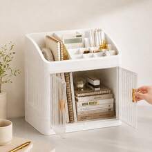 Mini Estante de Mesa para Estudos com Portas e Nichos, Plástico PP Branco, Organizador de Papelaria e Livros, Antipoeira – 24x18x23,5cm - Visão 5