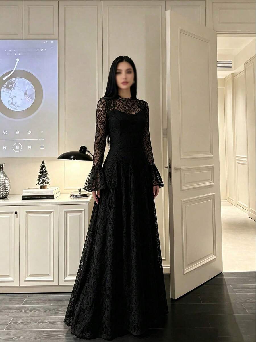 女款優雅蕾絲拼接半高領收腰顯瘦奢華純色優雅百褶荷葉邊/下擺開衩婚禮禮服 - 黑色 - 查看 1