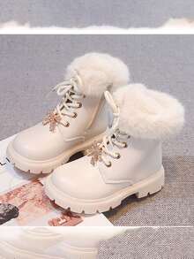 1 Pair Girls' Thermal Lined Boots With Rhinestone Bow And Fur Trim, Thick Sole Warm Ankle Boots For Winter - Beige - View 4