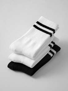 Kit 3 Pares Meias Masculinas Nova Era Cano Alto Algodão Esportiva Listrada 39 ao 43 - Preto e Branco - Visão 2