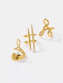 Kryxie 3pcs Stainless Steel 18K Gold Plated Minimalist Fashion Geometric Line Rings Set Suitable For Women's Daily Wear - Multicolor - View 4
