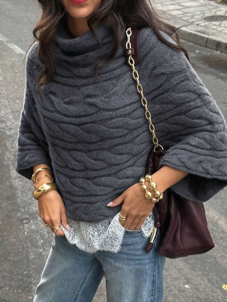 Autumn/Winter Vintage Cable Knit High Neck Cape, Atmospheric Versatile Warm Vest - Dark Grey - View 1