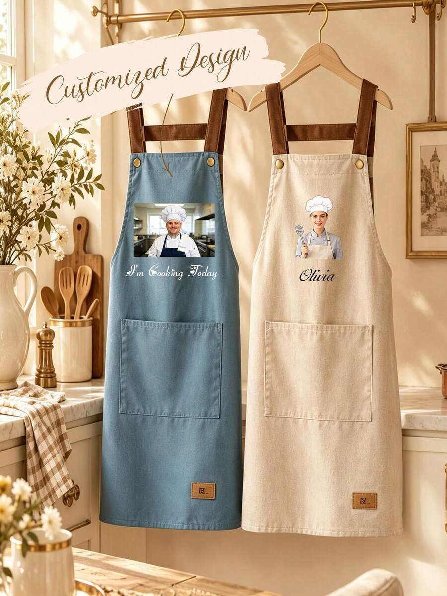 Custom Photo Apron, Personalized Name Cooking Apron With Pockets, Couple Gift, Home Baking Gift, Gift For Her Or Him - Multicolor - View 1