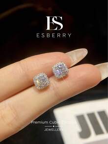 ESBERRY 1 Pair Shiny Cubic Zirconia Square Halo Stud Earrings, Women's Jewelry, Mother's Day Gift For Women And Girls - Silver - View 2