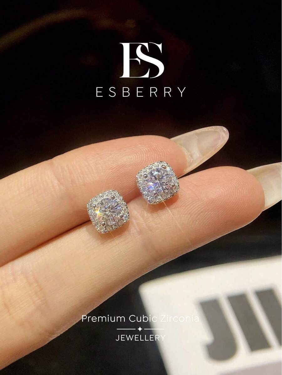 ESBERRY 1 Pair Shiny Cubic Zirconia Square Halo Stud Earrings, Women's Jewelry, Mother's Day Gift For Women And Girls